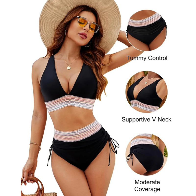 🔥 Sizes S–4XL available 🔥 2026 high-waisted, tummy-shaping color-block bikinis