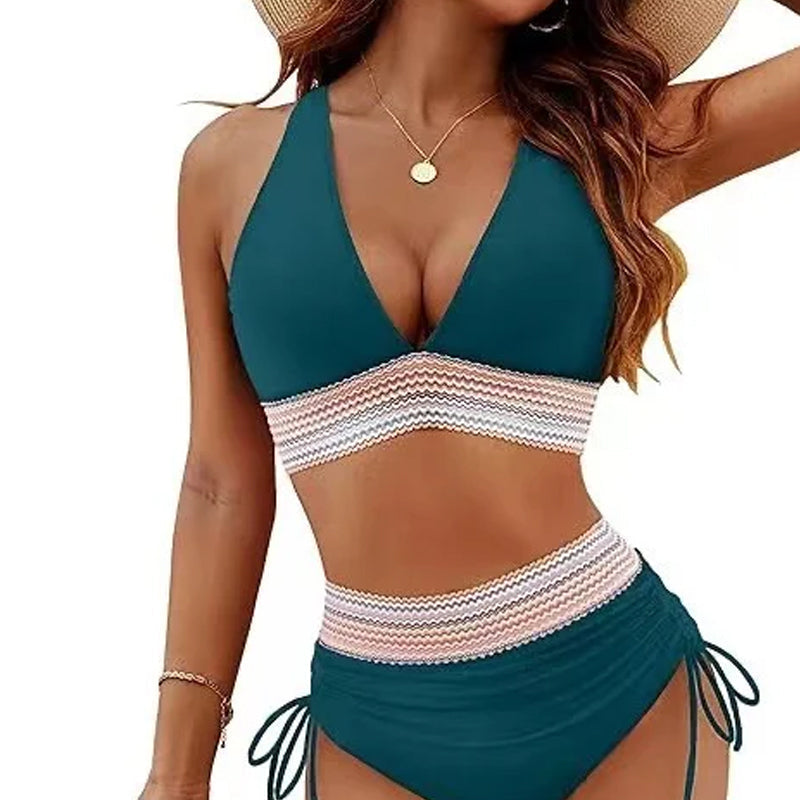 🔥 Sizes S–4XL available 🔥 2026 high-waisted, tummy-shaping color-block bikinis