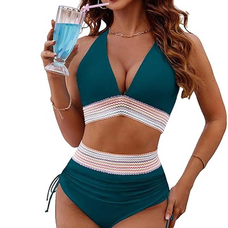 🔥 Sizes S–4XL available 🔥 2026 high-waisted, tummy-shaping color-block bikinis
