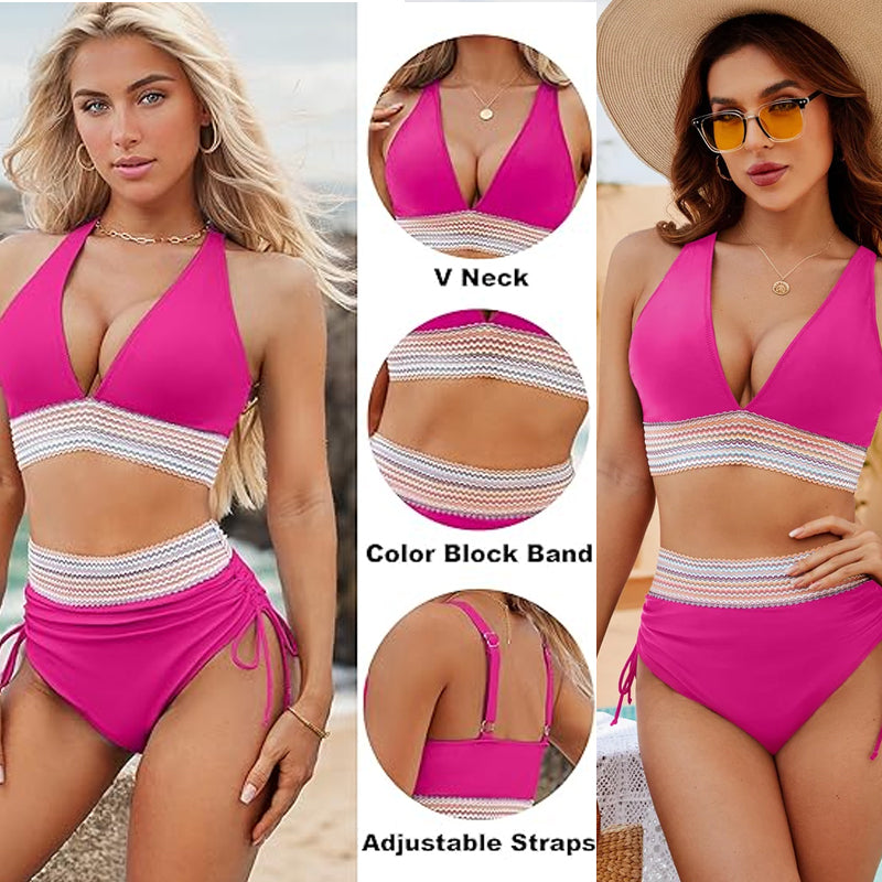 🔥 Sizes S–4XL available 🔥 2026 high-waisted, tummy-shaping color-block bikinis