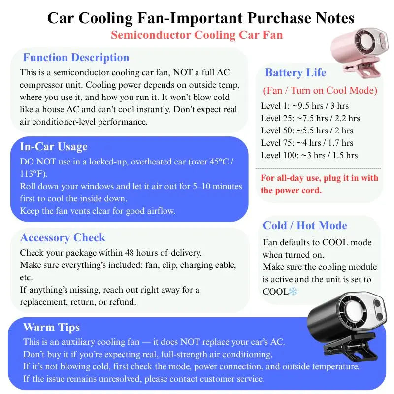 🌟Summer Child Car Clip Fan - 360° Rotation, Adjustable, USB Rechargeable, Wide Clamp Blower, 16℃ Cooling, 20Hr 3000Mah Battery, Personal Fan for Car